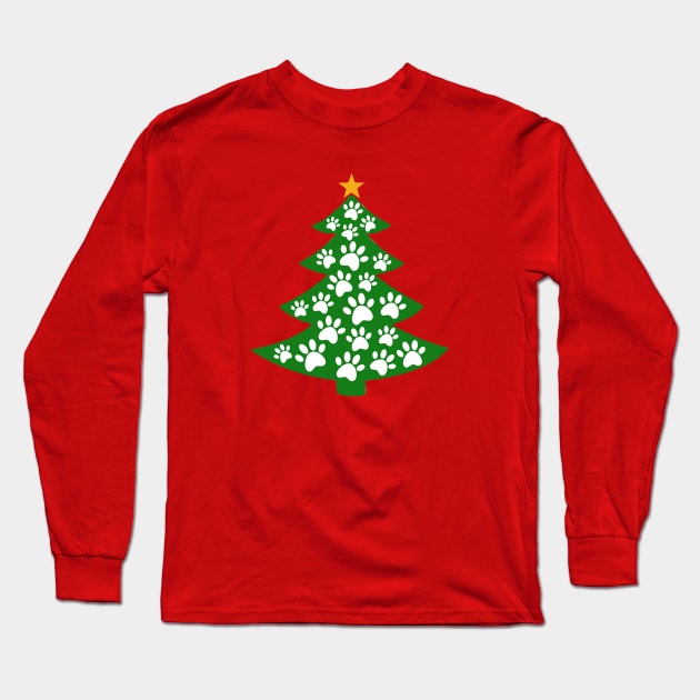 Funny Dog Paws Lover Merry Christmas Tree Long Sleeve T-Shirt by Illustradise
